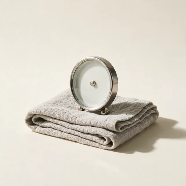 A round dial oven thermometer on a folded cloth