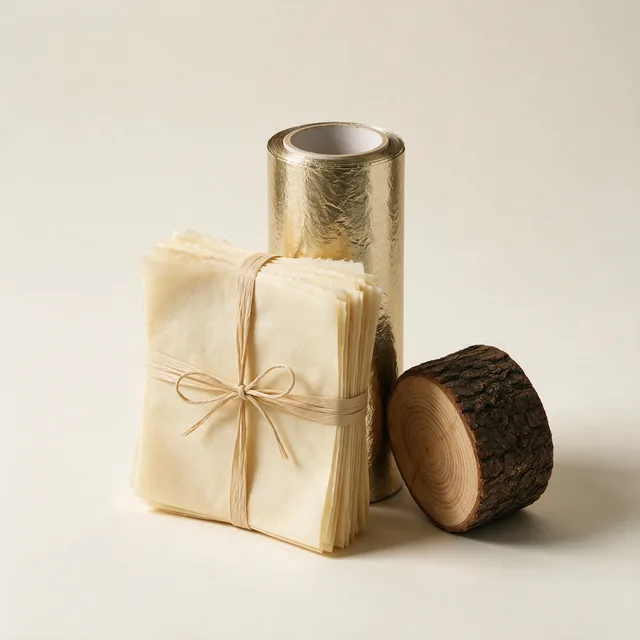 A stack of parchment sheets with a roll of foil behind