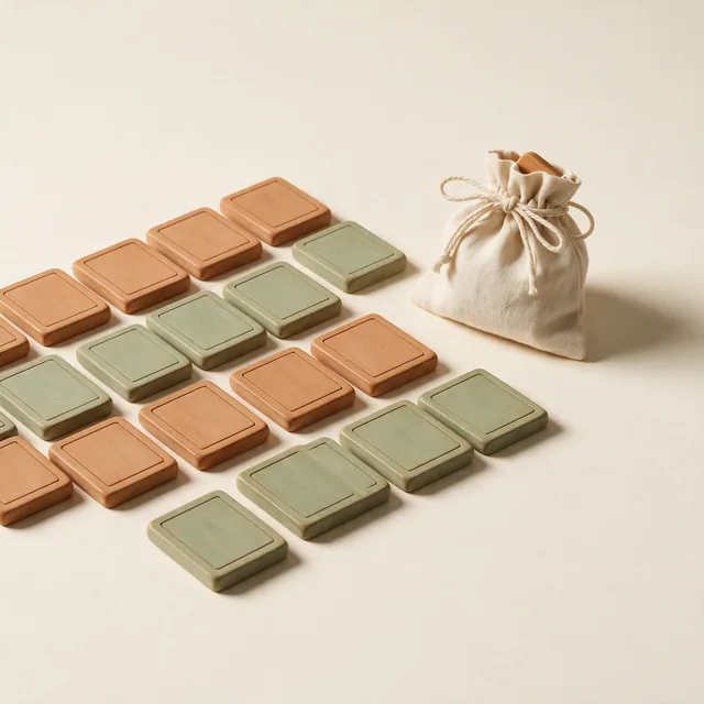 Blank wooden game tiles beside a cloth drawstring bag