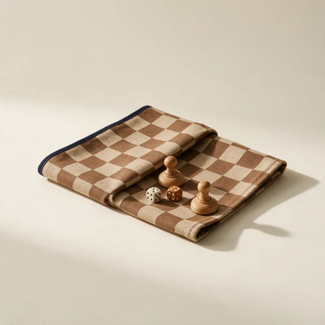 A folded canvas game mat with wooden markers and plain dice