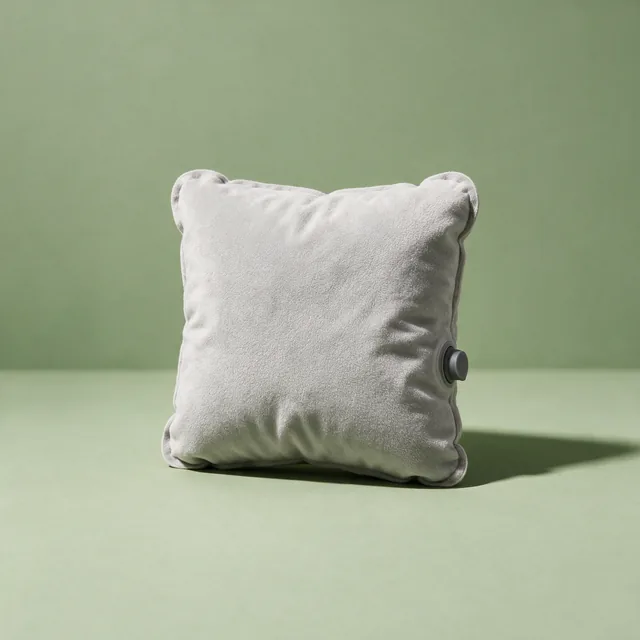 A small inflatable camping pillow with a fabric cover