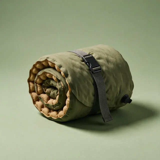 A rolled insulated sleeping pad in muted olive