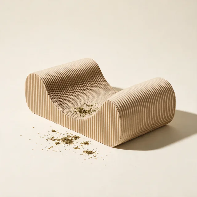 A curved cardboard cat scratcher lounge
