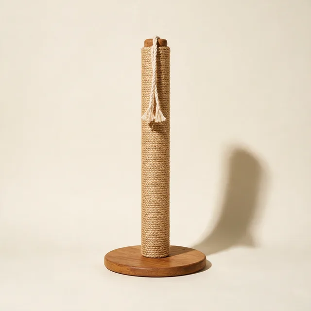 A tall sisal cat scratching post with a hanging rope toy
