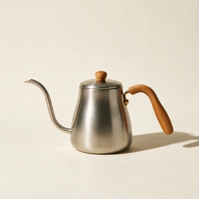 A gooseneck pour-over kettle with a wooden handle