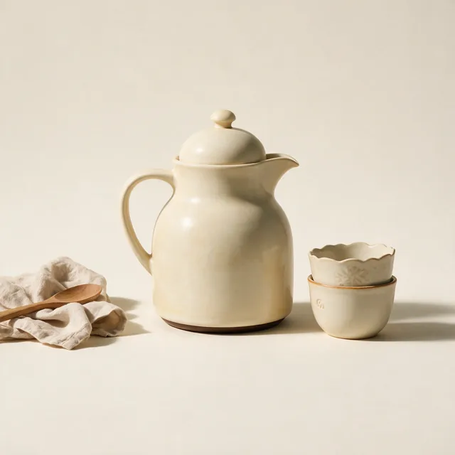 An insulated cream carafe beside two stacked ceramic cups