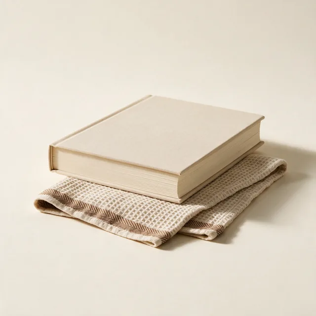A thick cloth-bound cookbook on a folded tea towel