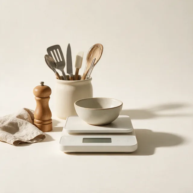 A flat white kitchen scale with a small bowl on it