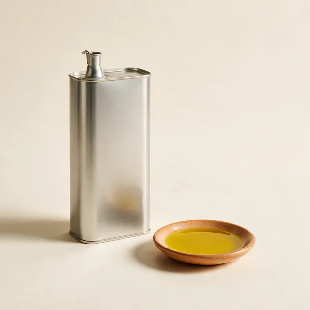 An unlabeled tin of olive oil beside a dish of oil