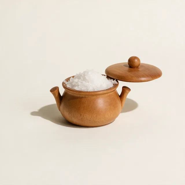 A wooden salt cellar heaped with flaky sea salt
