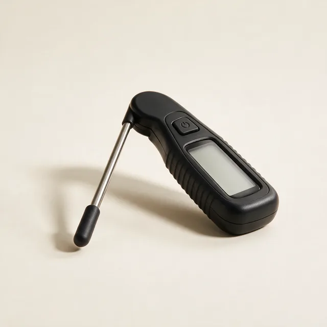 A digital kitchen thermometer with the probe folded out