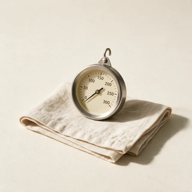 A dial oven thermometer resting against a folded cloth