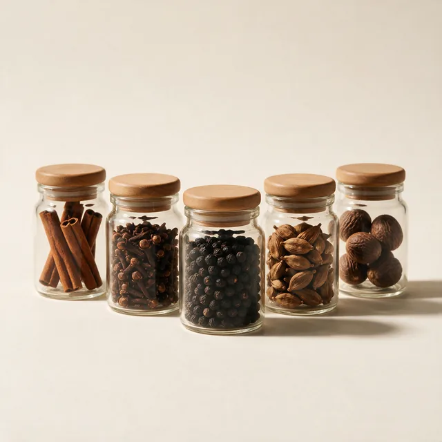 Five small glass jars of whole spices in a row