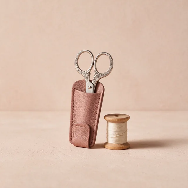 Small embroidery scissors in a leather sheath beside a spool of thread