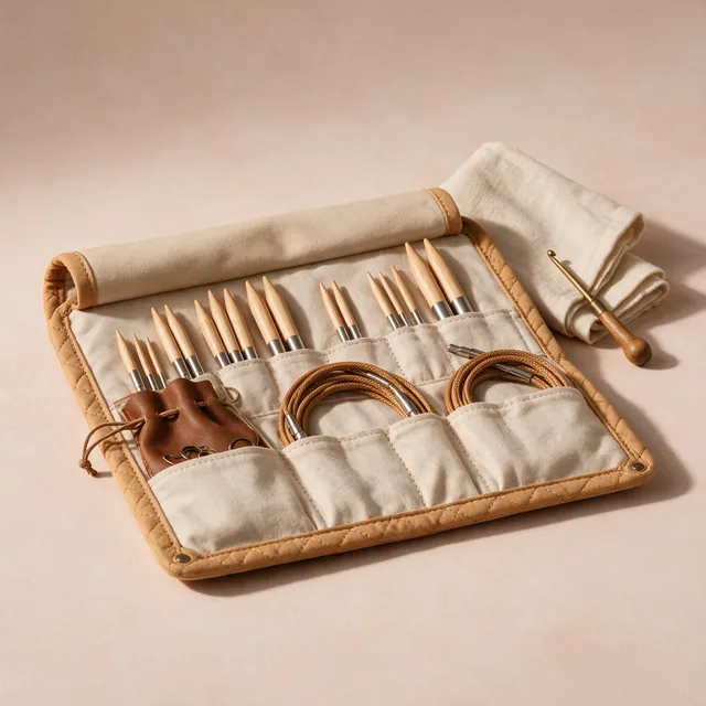 An open case of interchangeable circular knitting needles