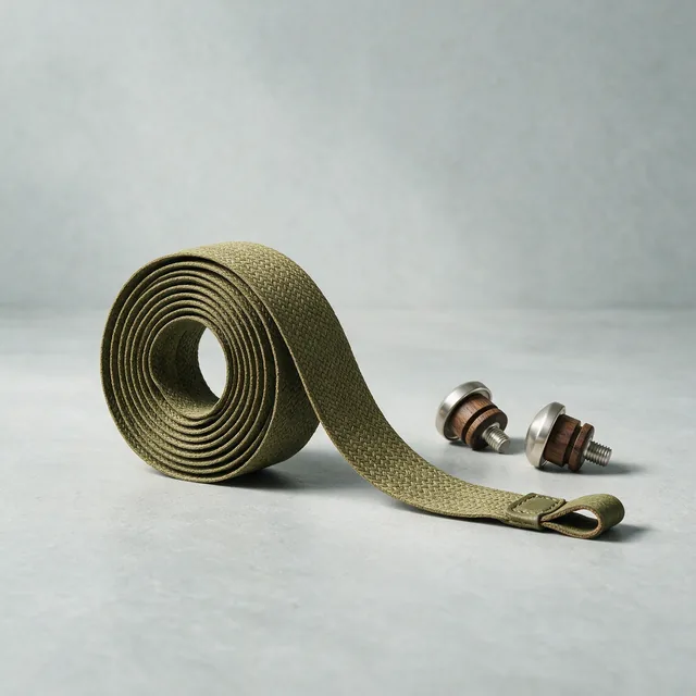 A coil of woven cork handlebar tape with two bar end plugs