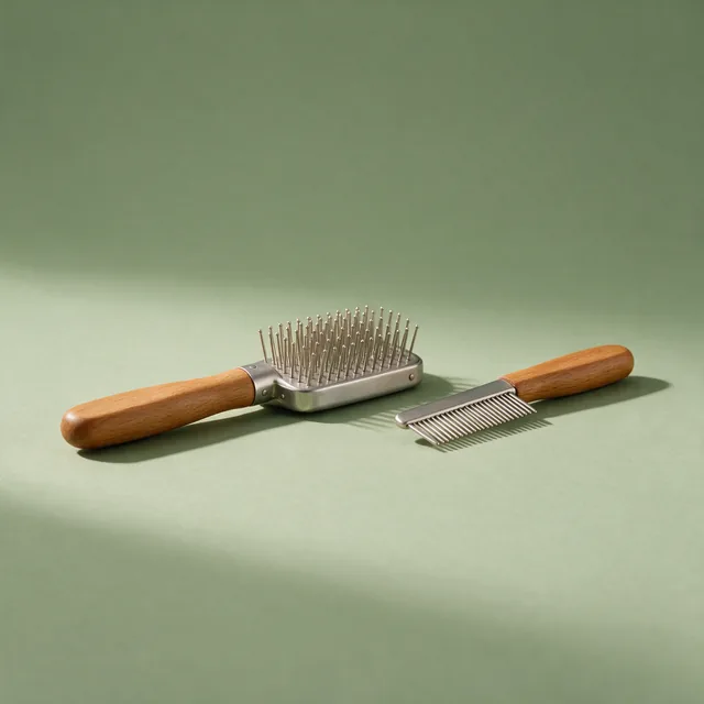 A wooden dog grooming brush beside a small comb
