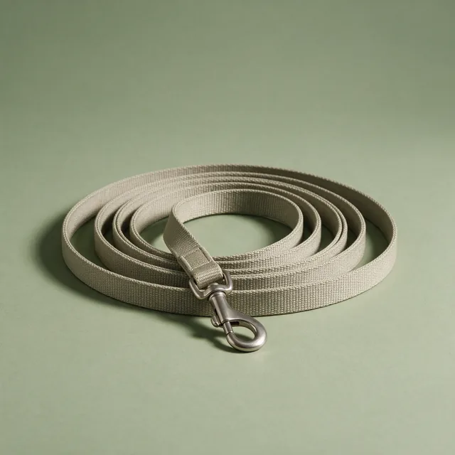 A long woven training lead coiled with its clip forward