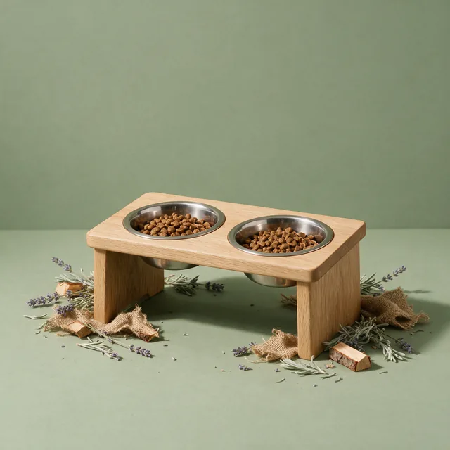 A raised wooden feeding stand with two stainless bowls