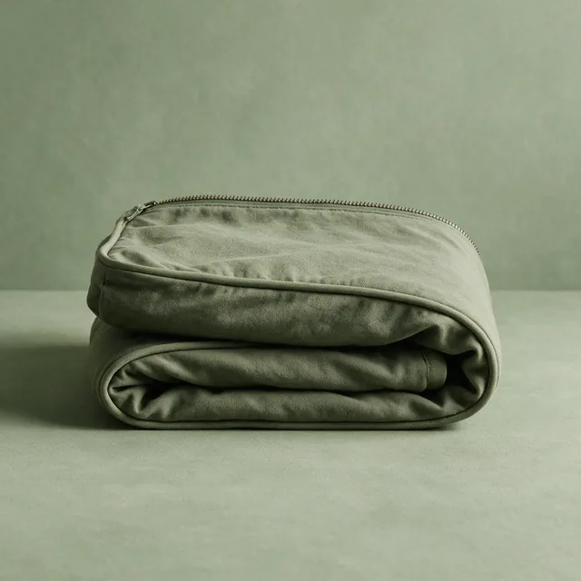 A folded canvas dog bed cover with its zip edge showing