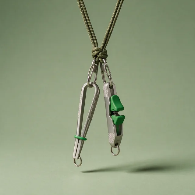 Closed fishing forceps and a line clipper on a braided lanyard