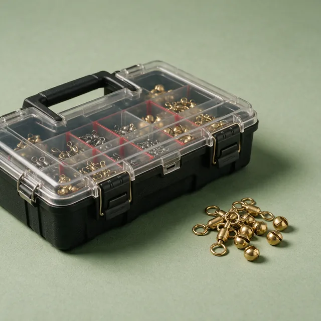 A closed tackle organizer box beside brass swivels and weights