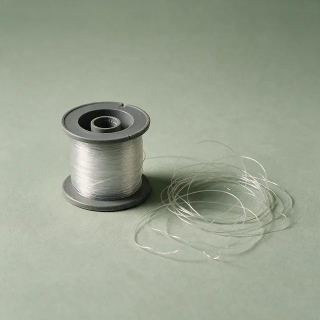 A spool of monofilament fishing line beside a coiled leader