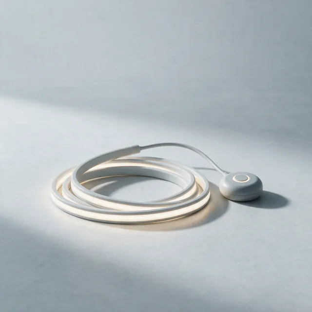 A coiled bias lighting strip beside a matte controller puck