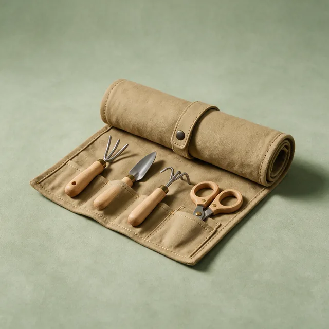 A canvas garden tool roll with wooden handles in its pockets