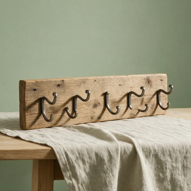 A wall rack of steel hooks on a wooden board