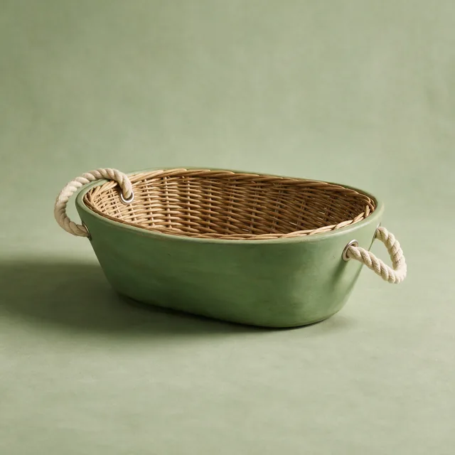 A wide garden trug with rope handles, empty