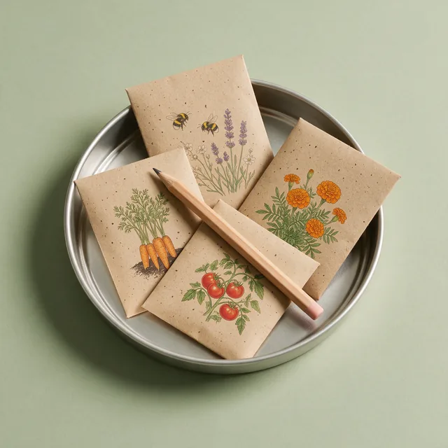 A tin of plain kraft seed packets with a pencil