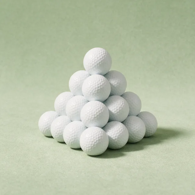 A pyramid of a dozen plain white golf balls