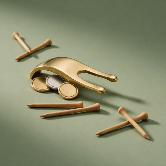 A brass divot tool and ball markers beside wooden tees
