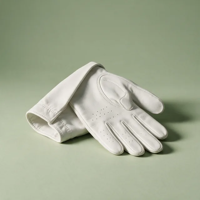 A white leather golf glove laid flat