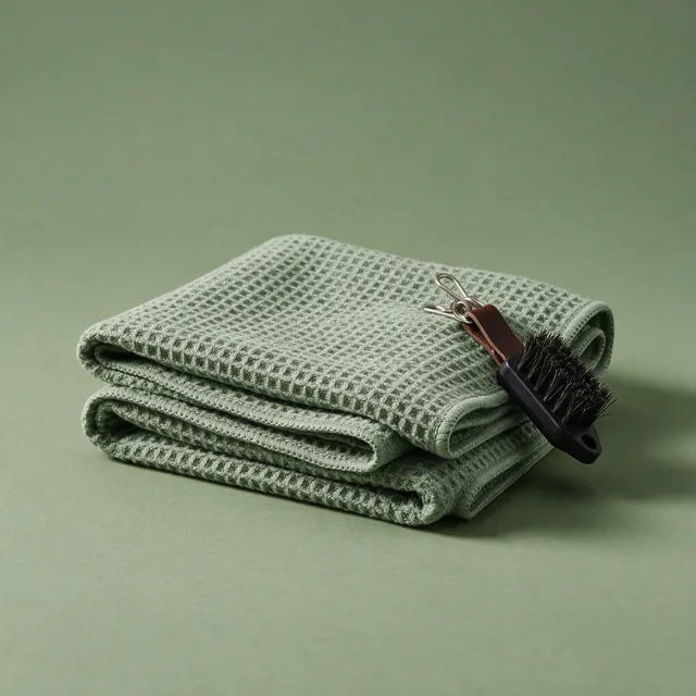 A folded golf towel in muted sage with a club brush clipped on