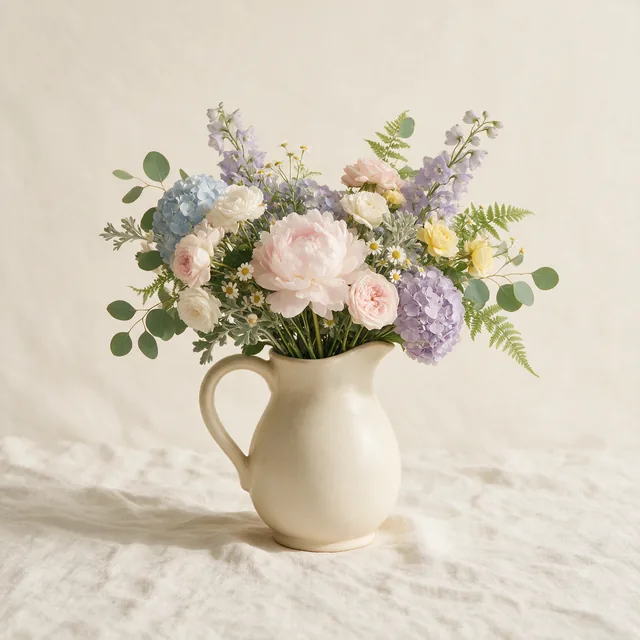 A cream ceramic pitcher holding a loose bunch of garden flowers