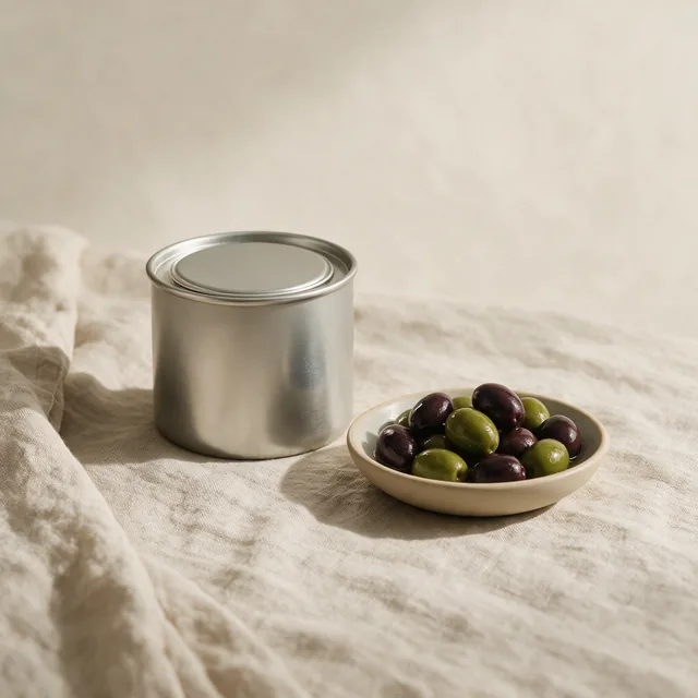 An unlabeled tin of olive oil beside a small dish of olives