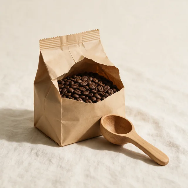 An open kraft bag of whole coffee beans with a wooden scoop