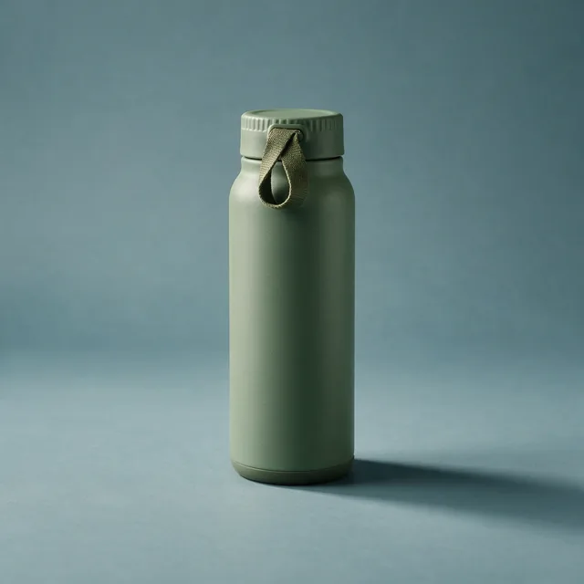 A tall insulated water bottle in matte sage