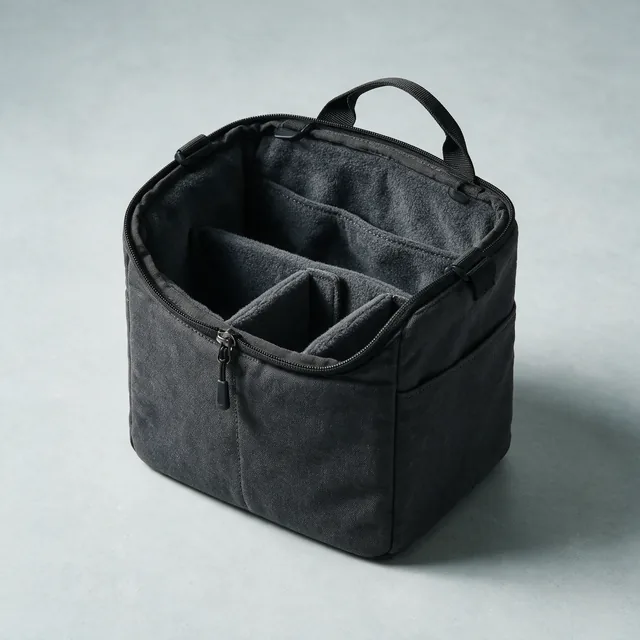 An open padded camera bag insert with adjustable dividers