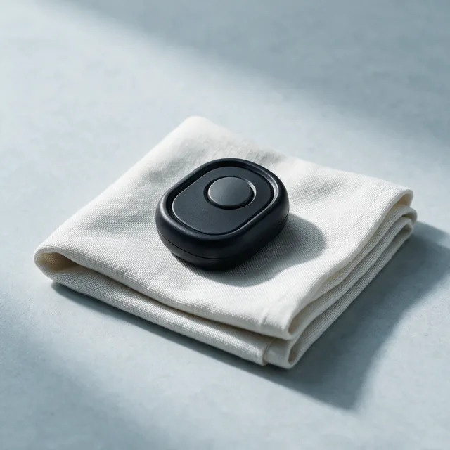 A small wireless camera remote shutter release on a folded cloth