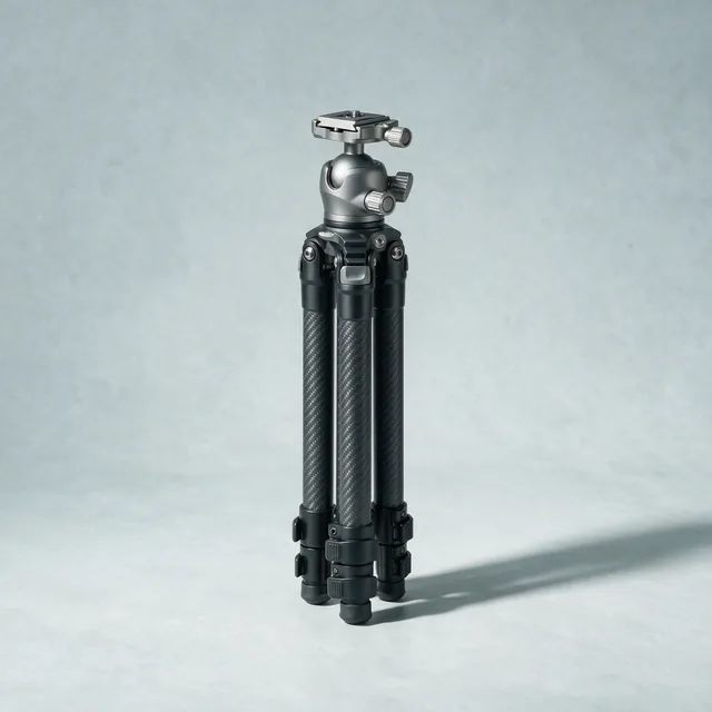 A folded carbon fiber tripod standing upright