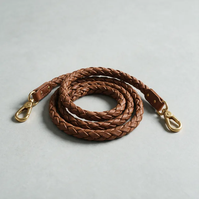 A braided leather camera strap coiled in a spiral
