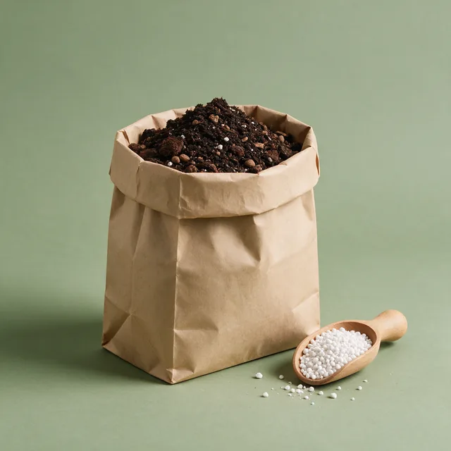 An open sack of potting mix with a scoop of perlite