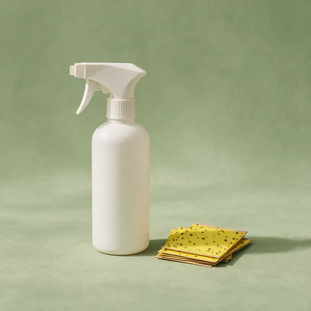 A spray bottle of insecticidal soap beside sticky traps