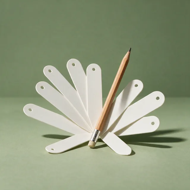 A fan of blank plant labels with a pencil across them