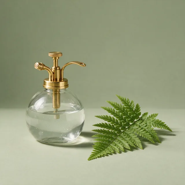A glass plant mister with a brass pump
