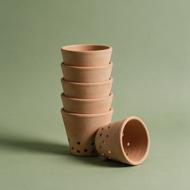 A stack of plain nursery pots showing drainage holes