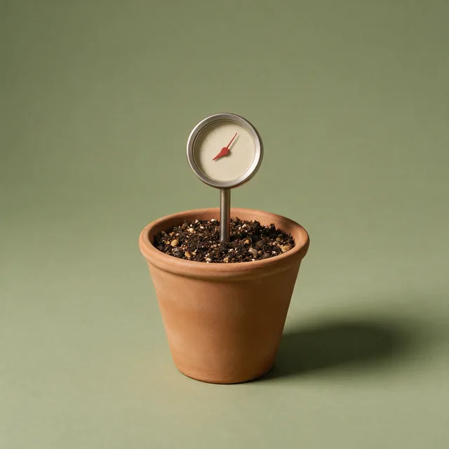 A soil moisture meter standing in a pot of soil